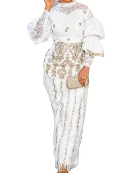 Комплекты формальных белых брюк для женщин, элегантная кружевная вышивка, блузка с имитацией шеи, длинный рукав, брюки с кисточками и высокой талией, наряды из 2 предметов
