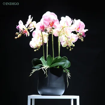Композиция из цветов ИНДИГО-3D Розовой Орхидеи для украшения Офиса, Композиция из цветов своими руками, 5шт Орхидеи, 3шт Листьев, Мха и Вазы