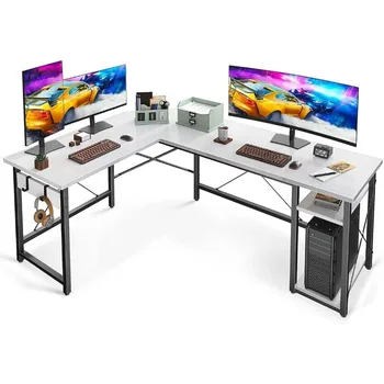 Компьютерный стол L-образной формы 66 дюймов с полками для хранения, угловой Прочный письменный стол для рабочего места, современный деревянный офисный игровой стол