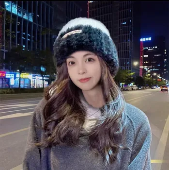 Корейская версия зимней теплой ветрозащитной свободной вязаной шапки плюшевая защита ушей круглая шапка с большой головой женская шерстяная шапка