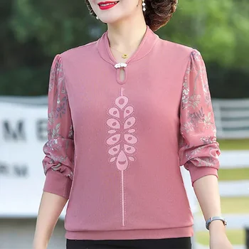 Корейская женская модная Свободная футболка с весенним воротником-стойкой, Марлевая одежда с длинным рукавом, повседневные топы с цветочным рисунком, N54