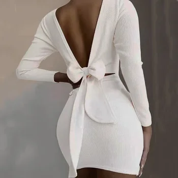 Короткая юбка с длинным рукавом Женская Новинка 2021 года, осеннее женское вечернее платье с глубоким вырезом, сексуальное женское облегающее мини-платье с завязками на бретелях