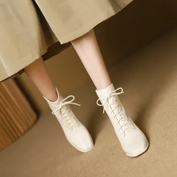 Короткие ботинки с квадратным носком на высоком каблуке, Новый стиль, с ремешком, короткие ботинки с квадратным носком, Весенне-осенние женские однотонные ботинки на толстом каблуке