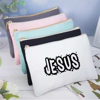 Косметичка с принтом Иисуса, холщовая косметичка, христианские женские косметички, дамская дорожная сумка для мытья туалетных принадлежностей, клатч, сумка-карандаш