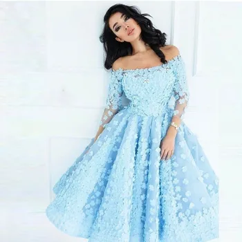 Красивые выпускные платья длиной до небесно-голубого 3D-чая в цветочек с пышными рукавами и открытыми плечами, платья для выпускного вечера, тюлевые вечерние платья, Robe De Soiree