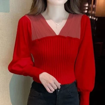 Красная шифоновая футболка, пуловер для девочек, женский свитер, Корейская блузка, вязаные топы, женские свитера, осенне-весеннее верхнее пальто, суконная ткань