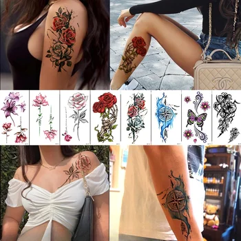 Красочные реалистичные цветы, искусственная татуировка Роза, Лотос, дракон, Волк, рука, нога, водонепроницаемые временные татуировки, наклейки для мужчин и женщин