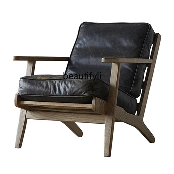 Кресло для отдыха с подлокотником из цельного дерева в стиле ретро в стиле кантри, одноместный диван из натуральной кожи в американском стиле, Первый слой воловьей кожи