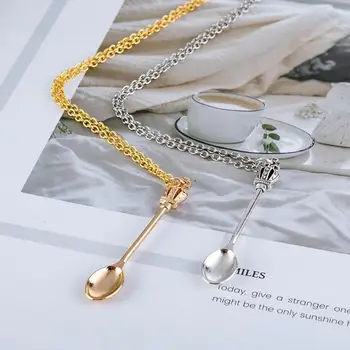 Крошечное ожерелье с подвеской в форме чайной ложки с короной для женщин, 3 цвета, креативное мини-ювелирное ожерелье-ложка с длинным звеном