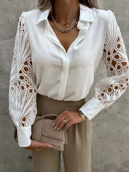 Кружевная рубашка в стиле пэчворк, женская сексуальная открытая блузка, Осенние Элегантные топы с длинными рукавами, Офисная Женская модная Белая сетчатая рубашка на пуговицах