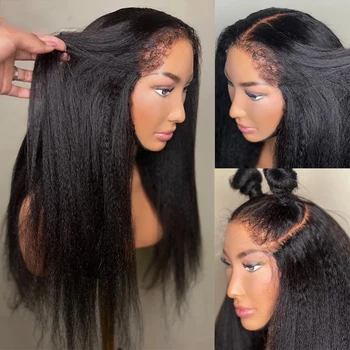 Кудрявый прямой парик из черного яки с кружевом спереди 180% плотности для африканских женщин, предварительно выщипанные детские волосы, мягкие, длиной 26 дюймов, без клея, ежедневно