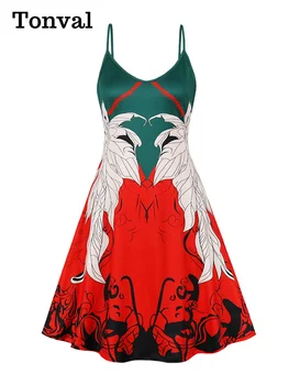Летнее платье с V-образным вырезом и бретельками с зеленым и красным принтом Tonval, Трапециевидное платье с открытой спиной, Рождественские женские вечерние платья