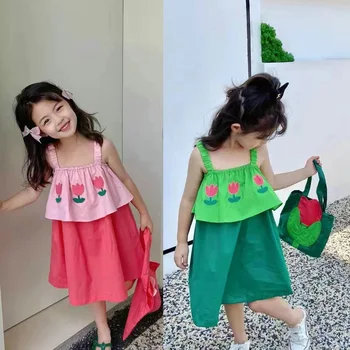 Летнее хлопковое милое контрастное платье в стиле пэчворк без рукавов с сумочкой для детей 2-8 лет