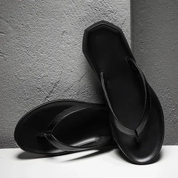 Летние мужские черные вьетнамки из натуральной кожи, классические дизайнерские тапочки, качественные нескользящие уличные пляжные повседневные сандалии тапочки