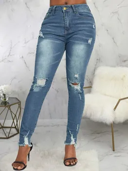 Летний женский модный комплект 2023 года, джинсовые брюки-карандаш в стиле хип-хоп, однотонные брюки длиной до щиколоток с разрезами по колено