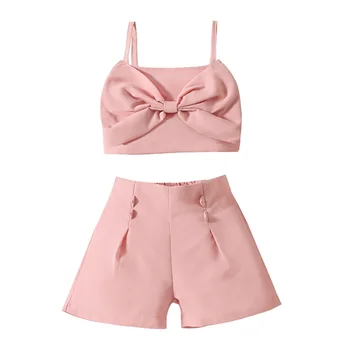 Летняя одежда для маленькой девочки, однотонные топы без рукавов с бантом спереди и шорты, комплект из 2 предметов