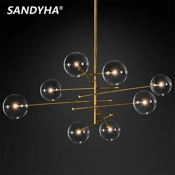 Люстры SANDYHA Nordic Creative Art, подвесные светильники в виде стеклянных шаров, светодиодная лампа из черного золота для столовой, гостиной, спальни, домашнего декора