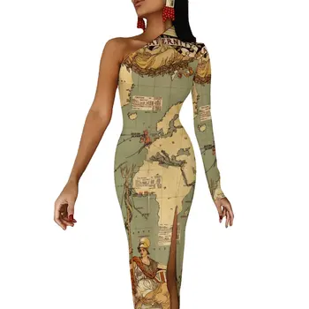 Макси-платье с длинным рукавом на карте мира, антиквариат 1886 года, элегантное облегающее платье, летние вечерние Длинные платья, женский дизайн Vestido