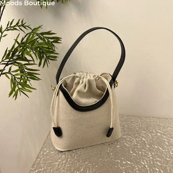 Маленькие сумки через плечо для женщин 2023, роскошные дизайнерские кошельки и сумочки, холщовая мини-сумка на шнурке контрастного цвета, наплечная сумка-ведро