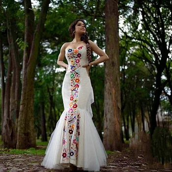 Мексиканское свадебное платье с цветочной вышивкой, Милая шея, Без рукавов, Длинные Свадебные платья Русалки из атласа цвета Слоновой кости, Великолепное Vestido 2024