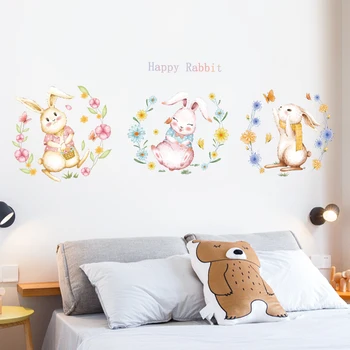 Милые кролики, наклейки на стену для девочек, украшение стен спальни, гостиной, Диван, фон, наклейки для дома, обои из ПВХ, самоклеящиеся