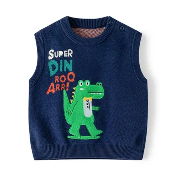 Милый мультяшный динозавр, жилет для малышей, пуловер, свитер, Повседневный вязаный жилет, кардиган, весенняя одежда для мальчиков и девочек, теплое детское пальто