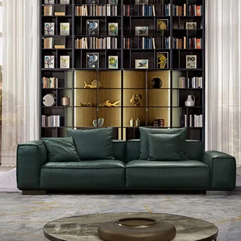Минималистский стиль, кожаный пуховый диван на первом этаже, гостиная, современная Г-образная угловая комбинация 