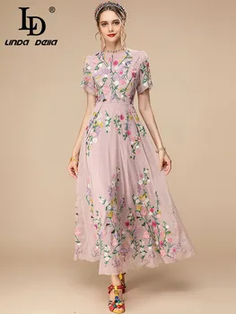 Модельер LD LINDA DELLA 2023, летнее новое платье, женское платье с коротким рукавом, Розовая сетка, цветы, вышивка, Винтажное вечернее длинное платье
