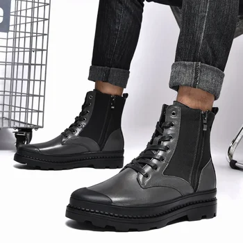 Модная мужская обувь 2023 года; мужские ботинки на молнии со шнуровкой; зимние однотонные хлопчатобумажные теплые ботинки с коротким бочком и массивным каблуком;