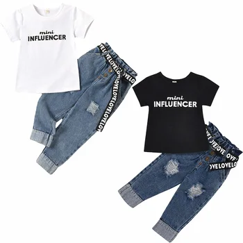 Модная одежда для девочек, костюмы для маленьких девочек, футболка и рваные джинсовые брюки с поясом, шикарные детские наряды, детская одежда, уличная одежда