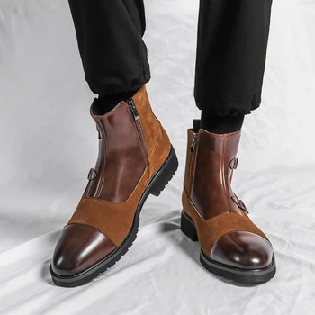 Модные мужские кожаные ботинки британского делового стиля на высоком каблуке с острым носком, винтажные черные / коричневые зимние ботинки Челси с плюшевой изоляцией