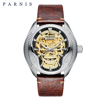 Модные мужские часы Parnis с золотым циферблатом 43 мм, механические Автоматические часы, Сапфировое стекло, кожаный ремешок, мужские часы reloj hombre 2024