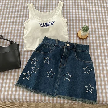 Модный летний джинсовый костюм для девочек, топы с буквенным принтом и юбка-трапеция с необработанным краем в виде звезды, комплекты из двух предметов в американском стиле