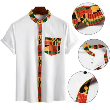 Мужская белая рубашка с коротким рукавом в цветочек, рубашка-стойка с этническим винтажным принтом, свободная уличная рубашка на пуговицах, Африканская одежда