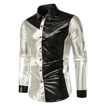 Мужская блестящая черная Серебристая Металлическая рубашка 2023, бренд Slim Fit, мужские рубашки с длинным рукавом, танцевальный DJ, Клубная сорочка для певицы Homme