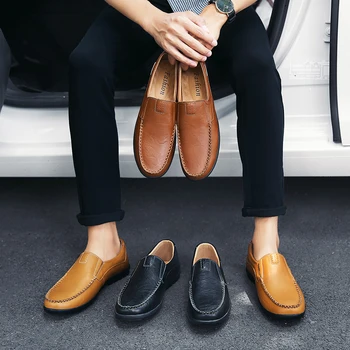 Мужская кожаная повседневная обувь люксового бренда, мужские лоферы, легкие мокасины, Дышащие легкие черные туфли для вождения без застежки