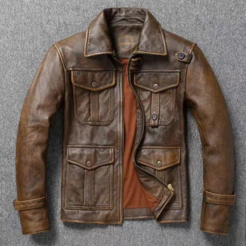 Мужская куртка из натуральной кожи, охотничья натуральная воловья кожа, первый слой, американская ретро мотоциклетная короткая