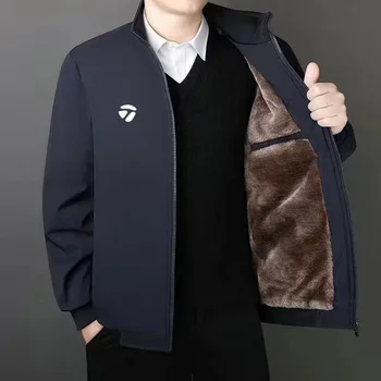 Мужская одежда для гольфа 2023, Зимнее Новое бархатное утолщенное теплое хлопчатобумажное пальто, свободная мужская куртка с воротником-стойкой