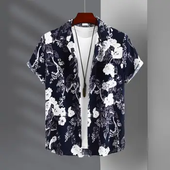 Мужская рубашка с коротким рукавом и цветочным принтом, мужская летняя рубашка с воротником-лацканом, однобортный накладной карман для Гавайев