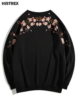 Мужская толстовка из 100% хлопка HISTREX, уличная одежда с вышивкой в виде цветов сакуры, Осенне-зимний японский пуловер, Новая повседневная женская одежда