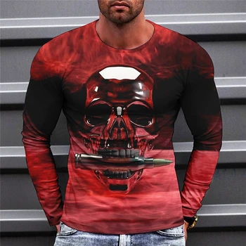 Мужская футболка с графическими принтами Черепа, круглый вырез, 3D-принт, уличная одежда с длинными рукавами и принтом, Базовая спортивная Повседневная одежда