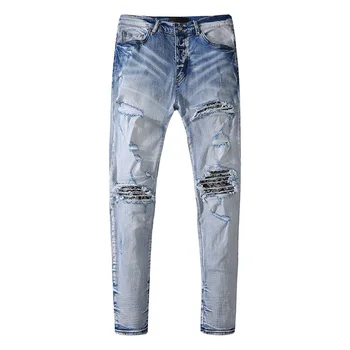 Мужские джинсовые брюки, летняя новинка, Европейская и американская мода, эластичная резинка с дырками, приталенный крой, Повседневные мужские рваные джинсы Оптом