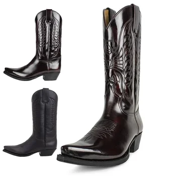 Мужские ковбойские ботинки в стиле Кантри, винтажные мотоциклетные ботинки Knight Western, Кожаная вышитая рабочая обувь до середины икры с острым носком, удобная
