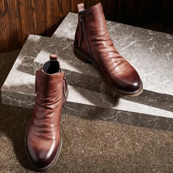 Мужские кожаные ботинки с двойной боковой молнией и круглым носком, повседневные ботинки для прогулок на платформе, повседневная нескользящая обувь, Botas Motociclista