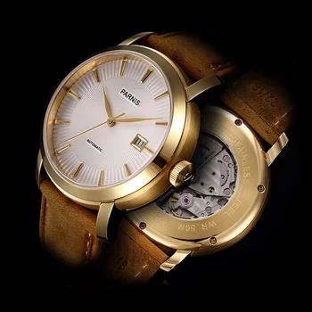 Мужские механические автоматические часы Parnis с золотым корпусом 41 мм, 21 драгоценный камень, японский механизм Miyota, сапфировое стекло, кожаный ремешок, часы 2023 года выпуска