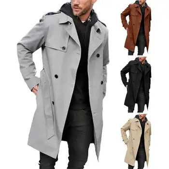 Мужские осенне-зимние однотонные куртки-ветровки С лацканами, длинными рукавами, двубортными карманами, поясом, Тонкий длинный тренч, верхняя одежда