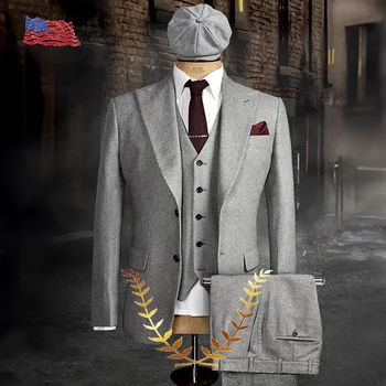 Мужской костюм в елочку из 3 предметов (пиджак + жилет + брюки) Однобортный однобортный костюм в британском стиле с лацканами, подходящий для свадьбы