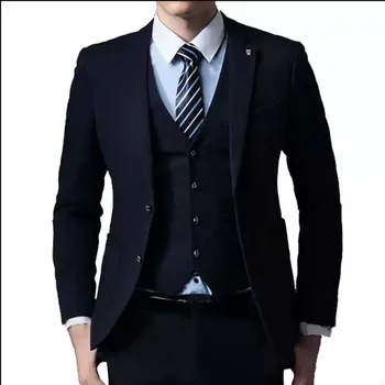 Мужской костюм индивидуального дизайна темно-синего цвета из 3 предметов, приталенный мужской блейзер, деловой повседневный мужской костюм из 3 предметов