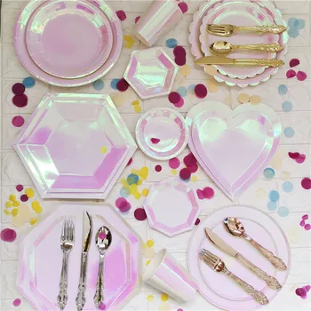 Наборы одноразовой посуды из розового золота Бумажные тарелки/ чашки/ соломинки Радужный Декор для свадьбы, дня рождения, радужное блюдо для вечеринки