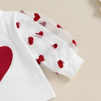 Наряд на День Святого Валентина для маленьких девочек, рубашка с длинными рукавами и юбкой-сердечком, Комплект одежды с поясом